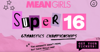 A pink banner advertising the Mean Girls Super 16 Gymnastics Championships. The letters and numbers for "Super 16" look like cutouts for a scrapbook, and the entire image is designed to evoke the "Mean Girls" movie. The banner also says, "The gymnasts are mean, but their skills are!" and "Get your tickets!"
